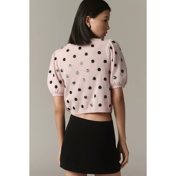 NWT!! Anthropologie MAEVE Puff-Sleeve Cashmere Cardigan Sweater Pink Sequin Dots - Picture 9 of 16